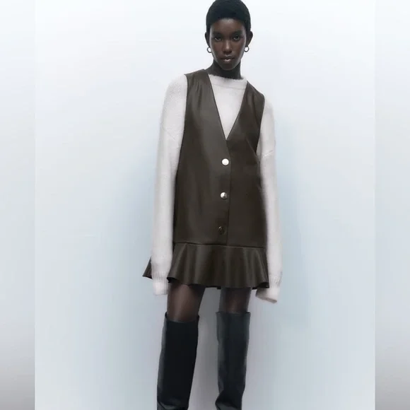Zara | Dresses | Zara Ruffled Faux Leather Pinafore Dress Dark Khaki |  Poshmark